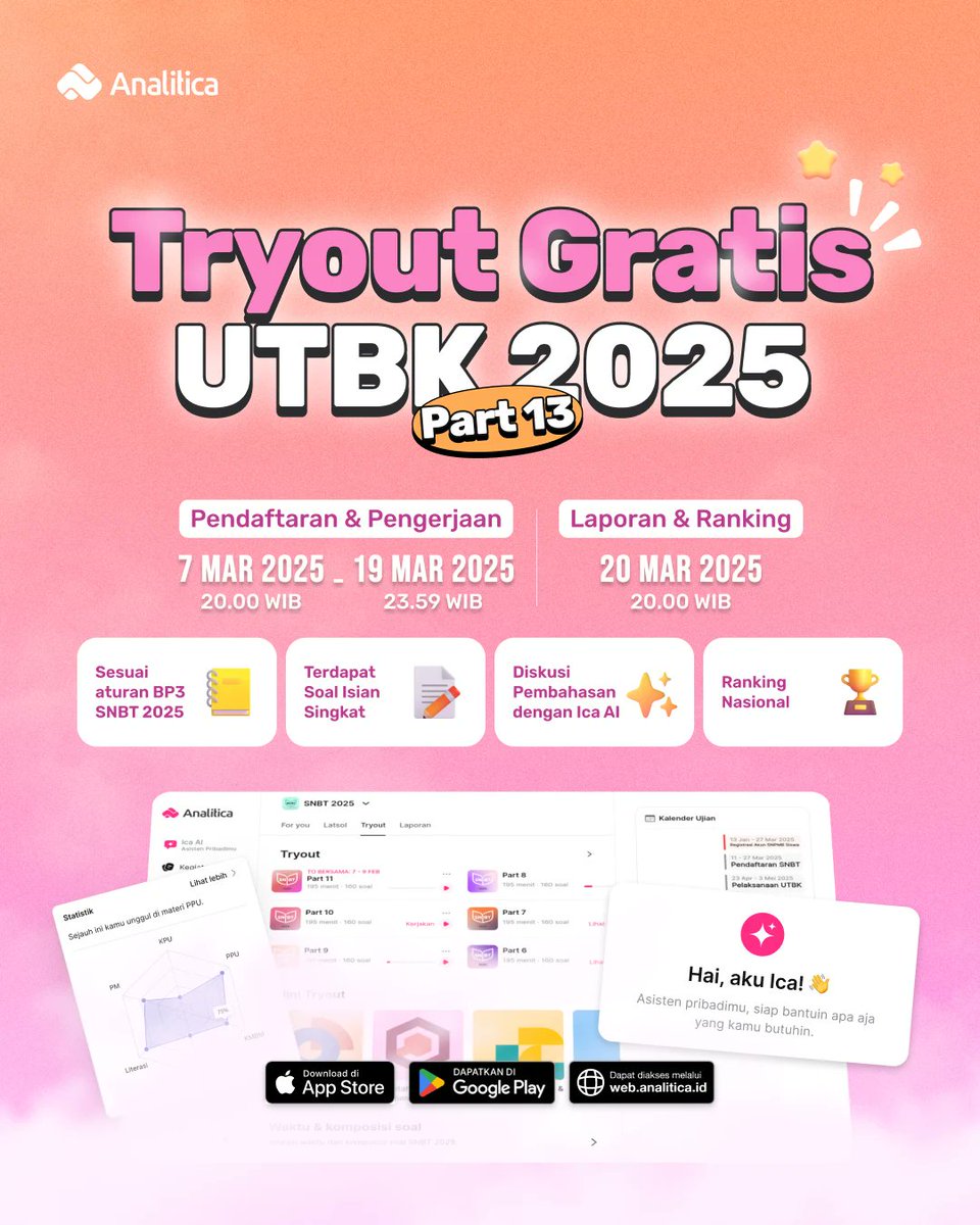 AnaliticaId's tweet image. Berkat antusiasme temen-temen, Analitica ngadain tryout gratis lagi! 😆

📅 Pendaftaran &amp;amp; Pengerjaan:
7 Mar s.d. 19 Mar 2025

🎖️ Ranking &amp;amp; Pembahasan:
20 Mar 2025

Daftarnya? Gampang dongg 👇