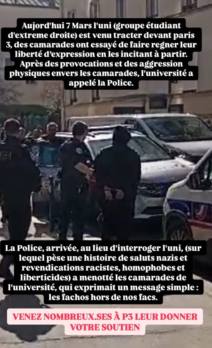 Fédération Syndicale Étudiante (@fse_natio) on Twitter photo 📣 SOUTIEN AUX CAMARADES DU COMITÉ PALESTINE DE PARIS 3 FACE A LA REPRESSION !
Ce que l'administration de P3 fait subir à ses étudiants est inadmissible ! Police et fascistes hors de nos facs ! 💥
Les camarades violentés de <a href="/PalestineParis3/">paris3 Palestine</a> ont tout notre soutien ! ✊ 📣 SOUTIEN AUX CAMARADES DU COMITÉ PALESTINE DE PARIS 3 FACE A LA REPRESSION !
Ce que l'administration de P3 fait subir à ses étudiants est inadmissible ! Police et fascistes hors de nos facs ! 💥
Les camarades violentés de <a href="/PalestineParis3/">paris3 Palestine</a> ont tout notre soutien ! ✊