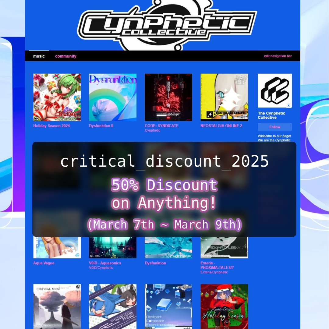 cynphetic's tweet image. Happy Bandcamp Friday!
Use the code &apos;critical_discount_2025&apos; for 50% discount on any of our releases! (Code expires on March 9th)

Thank you for supporting us!

Bandcamp: thecynpheticcollective.bandcamp.com
