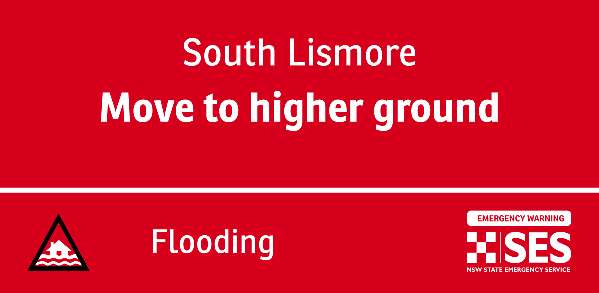 The NSW SES is advising people in South Lismore to MOVE TO HIGHER GROUND due to forecast cyclone related major flooding.

EMERGENCY WARNING

Find out more: hazardwatch.gov.au/a/F-iduG

#NSWSES #WilsonsRiver