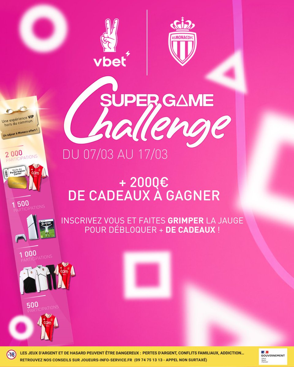 VBET_fr's tweet photo. 🔴⚪️ 𝐒𝐔𝐏𝐄𝐑 𝐆Δ𝐌𝐄 🔴⚪️

Maillot dédicacé, console de jeu, expérience VIP sur un match de l’AS Monaco… Tente de gagner l’un de ces cadeaux 🎁

Clique sur "Je participe" 👉 https://t.co/Yx2BFD3qDT https://t.co/vxkfIr5use