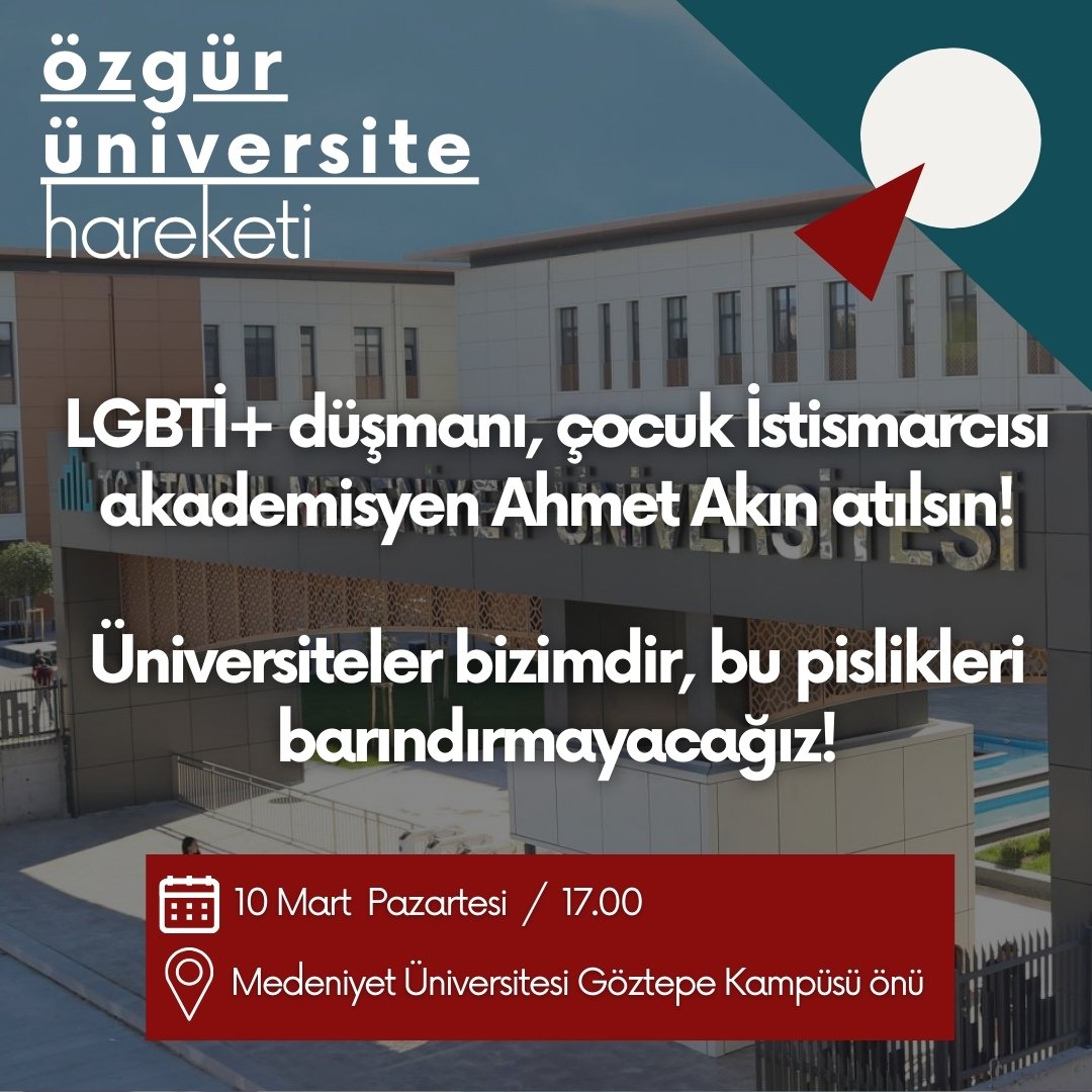 ❗️ 10 Mart 17.00'da Medeniyet Üniversitesi önüne, hesap sormaya❗️

Medeniyet Üniversitesi PDR Bölüm Başkanı Ahmet Akın'ın LGBTİ+ çocukları sözde "onarım terapisi" ile duygusal ve fiziksel olarak istismar ettiği ortaya çıktı.

Kampüslerimizde LGBTİ+ ve kadın düşmanlarına, çocuk