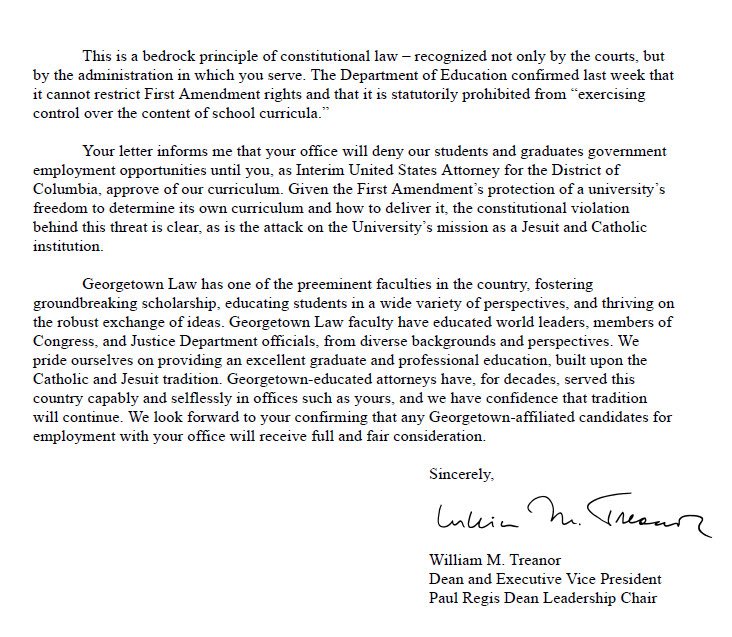 This week, Edward Martin, the interim US attorney for Washington, DC, sent a letter to the dean of <a href="/Georgetown/">Georgetown University</a> Law School threatening to investigate the school if it did not scrub its policies and curriculum of diversity and inclusion initiatives.

Here is the Dean's response.