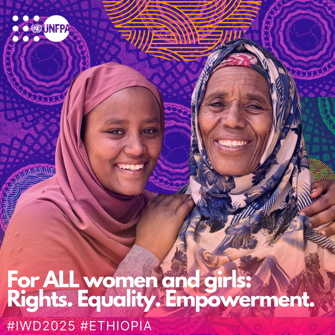 UNFPAEthiopia's tweet photo. As we prepare for International Women's Day tomorrow, we reaffirm our commitment to all women &amp; girls in 🇪🇹—championing rights, equality, &amp; empowerment. 

Together, we can create a future where every woman thrives, free from violence &amp; discrimination. 

#IWD2025 #UNFPA 💜💪 https://t.co/f6FSAcVo3N