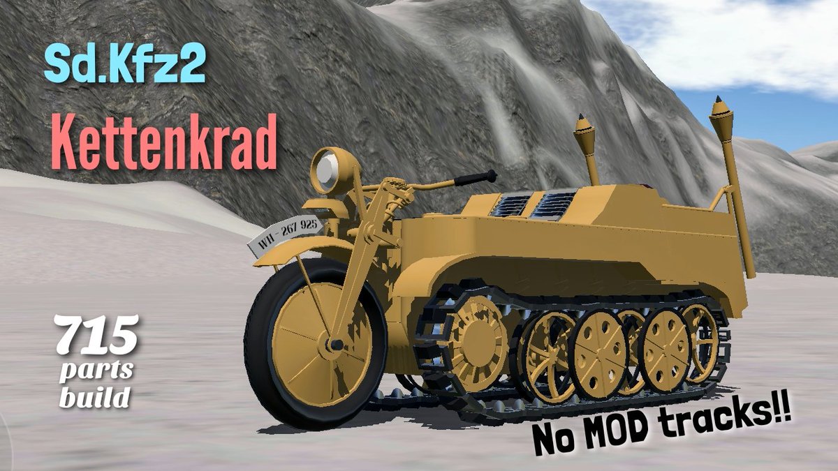 SimplePlanes投稿52作品目
Sd.Kfz2 Kettenkradを公開しました。
履帯は外れます。結構デリケートです。のんびり散策しつつパンツァーファウストぶっ放したい人向けです。次はいい加減飛行機作らないとですねぇ...。

simpleplanes.com/a/f3GPRW/Sd-Kf…

#SimplePlanes