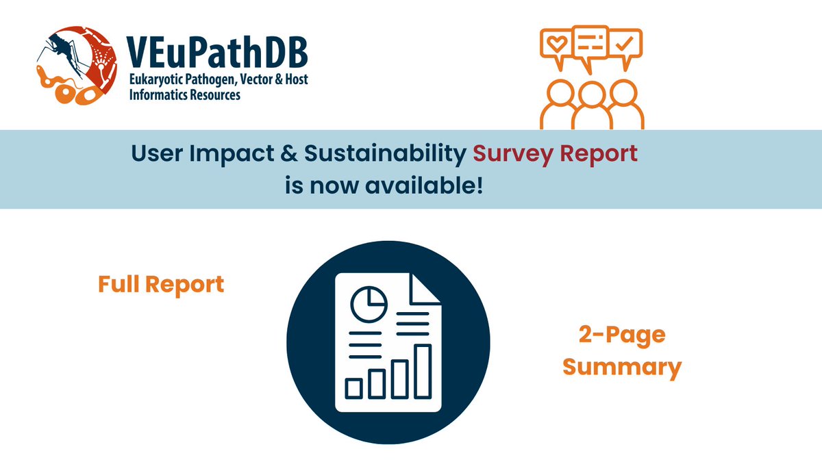 We appreciate your thoughtful responses to the VEuPathDB User Impact and Sustainability Survey and are making results available as promised! 

Full report: static-content.veupathdb.org/documents/PUBL… 

2-Page Summary: static-content.veupathdb.org/documents/Surv…