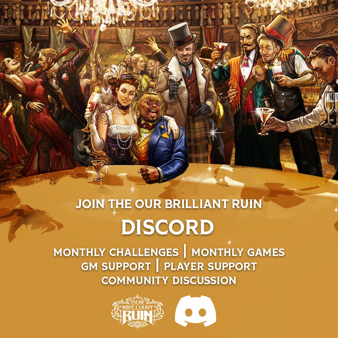 Join the Our Brilliant Ruin Discord! 

Find and organize games, learn more about the system, chat about the audio drama or the upcoming comic book, and bond with like-minded people.

See you there: discord.gg/A6m2Ttav