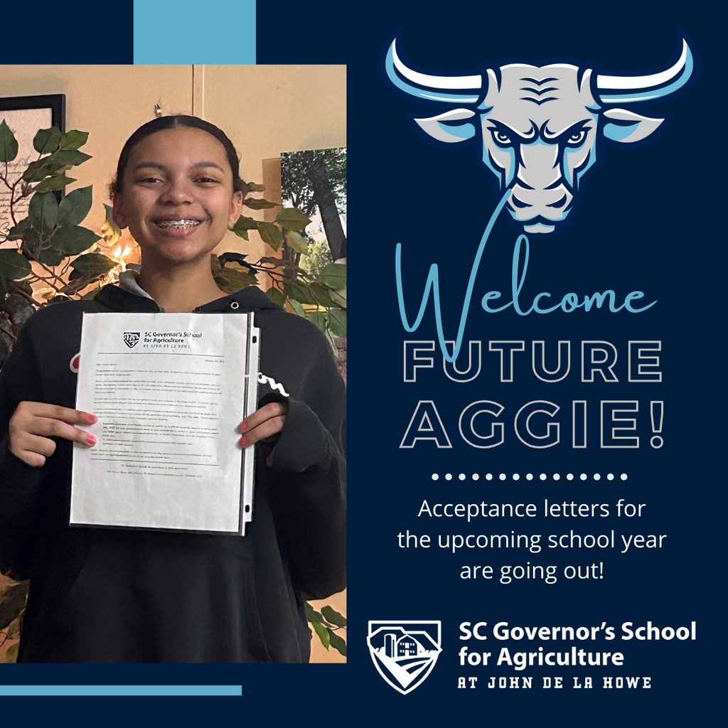 South Carolina Governor’s School for Agriculture (@jdlhschool) on Twitter photo Letters are going out to new students accepted to attend the Governor's School for Agriculture. Congratulations, Briana! Parents, send us a photo of YOUR Aggie displaying the letter to pr@delahowe.sc.gov if you'd like to spotlight YOUR Aggie. Welcome, all. Your place is here! Letters are going out to new students accepted to attend the Governor's School for Agriculture. Congratulations, Briana! Parents, send us a photo of YOUR Aggie displaying the letter to pr@delahowe.sc.gov if you'd like to spotlight YOUR Aggie. Welcome, all. Your place is here!