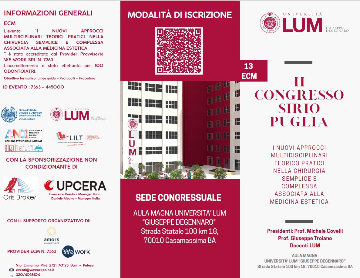 OxiliaG's tweet image. ☑️Join the 2nd Sirio Puglia Congress: new multidisciplinary approaches in surgery and aesthetic medicine.
Proud to be part of the Scientific Committee to contribute with a multidisciplinary perspective. @uniLUM