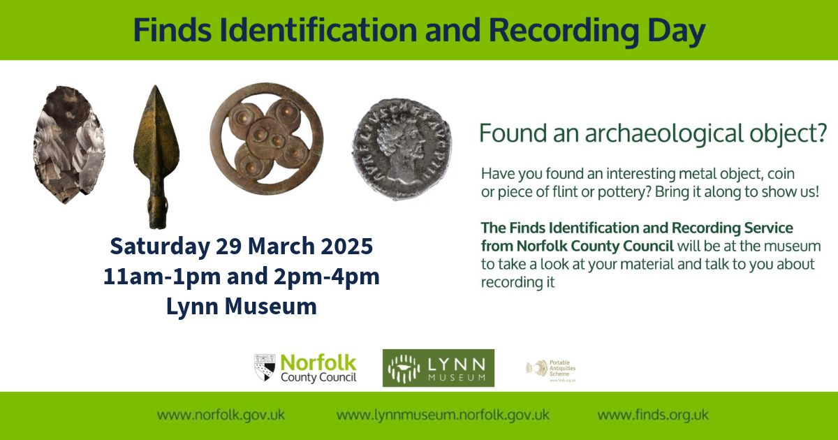 🪙  Finds Identification and Recording Day is this Saturday 29 March, 11am-4pm! 🪙

Have you found an archaeological object? The Finds Identification and Recording Service will be at Lynn Museum to help you identify and record it!

🎟️ Free, book here: tinyurl.com/yj248mf3