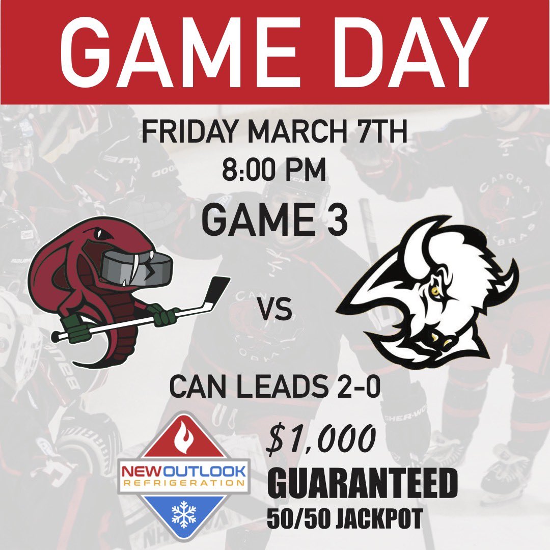 🚨🚨 Game 3 🚨🚨The Cobras aim to sweep 🧹 the series with a win over their rivals tonight at 8:00 PM at home 💵Guaranteed $1,0000 50/50 by New Outlook Refrigeration 💵