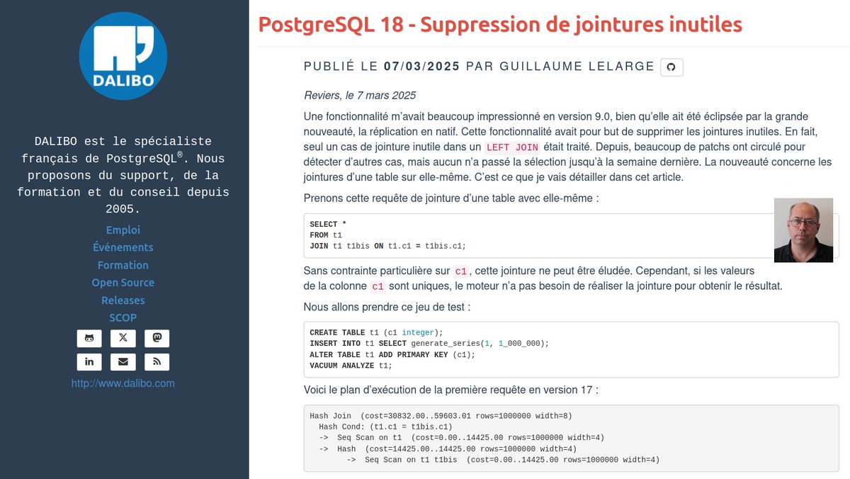 dalibo's tweet image. #PostgreSQL18 : pour optimiser les requêtes, la version 9.0 avait introduit la **suppression de jointures inutiles**. Cette fonctionnalité a été améliorée la semaine dernière => dali.bo/202503_jointur…
#PostgreSQL
#SGBD #DBA
#opensource #logicielsLibres