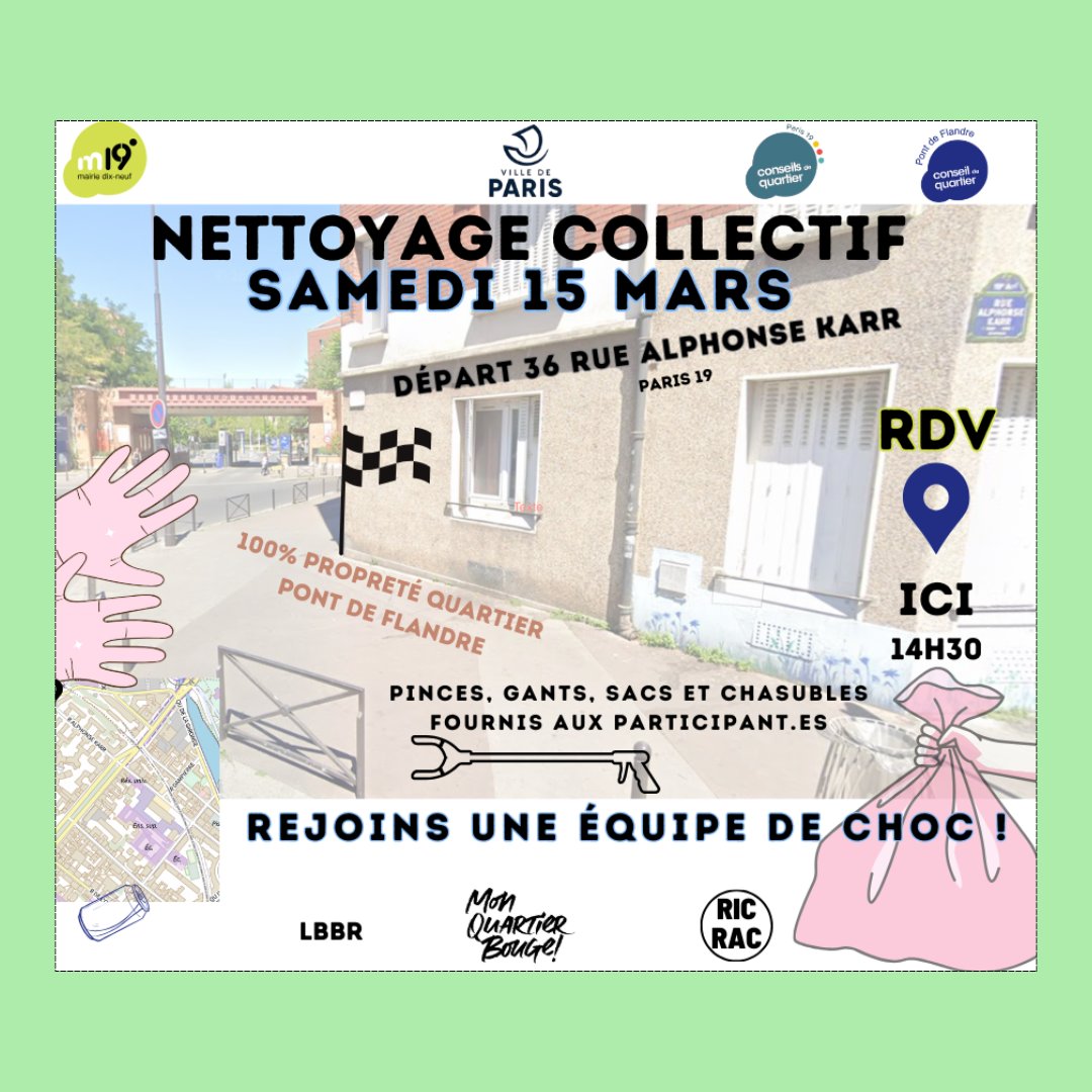 monquartier19's tweet image. SAVE THE DATE 📢
L'association Ric-Rac organise samedi 15 mars une journée de nettoyage dans le quartier Pont de Flandre ♻️✅️
Rendez-vous à 14h30 au 36 rue Alphonse Karr, nous vous attendons nombreuses et nombreux !
#Monquartierbouge #environnement #NettoyageDeQuartier