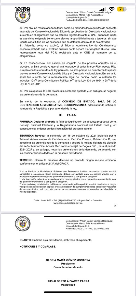 manolitosalazar's tweet photo. Atención : El @consejodeestado mantiene la curul del concejal @MarcoAcostaR del @_ColJustaLibres, el alto tribunal en fallo de 2a instancia reversa una decisión del Tribunal Administrativo de Cundinamarca que había declarado en octubre la pérdida de la curul del concejal Acosta. https://t.co/FK5fmXoHhj