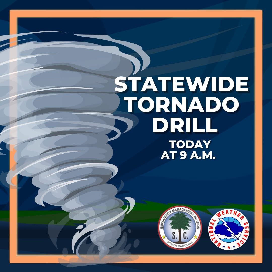 SCEMD's tweet image. Reminder: It’s statewide tornado drill day! 🗓️
Take a few minutes to practice your safety plan, find your safe spot, and make sure everyone knows what to do if a tornado warning is issued. Preparation saves lives! 

#TornadoSafety #SevereWeather #SpringReady #WeatherAlert