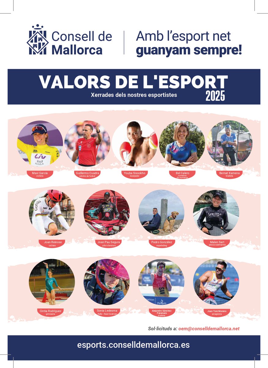🚀El <a href="/ConselldeMca/">Consell de Mallorca</a> ja té en marxa #ElsValorsdeLEsport, xerrades que enguany es centren en l'𝗘𝘀𝗳𝗼𝗿ç

🗨️Hem incorporat als campions mallorquins Malén Sart en pesca submarina, <a href="/joanto_mbenn/">Joan Antoni Moreno Bennàssar - OLY</a> en piragua, <a href="/AlexPalomero/">Alejandro Sánchez</a> en triatló i Youba Sissokho en boxa

ℹ️esports.conselldemallorca.es/-/esportistes-…