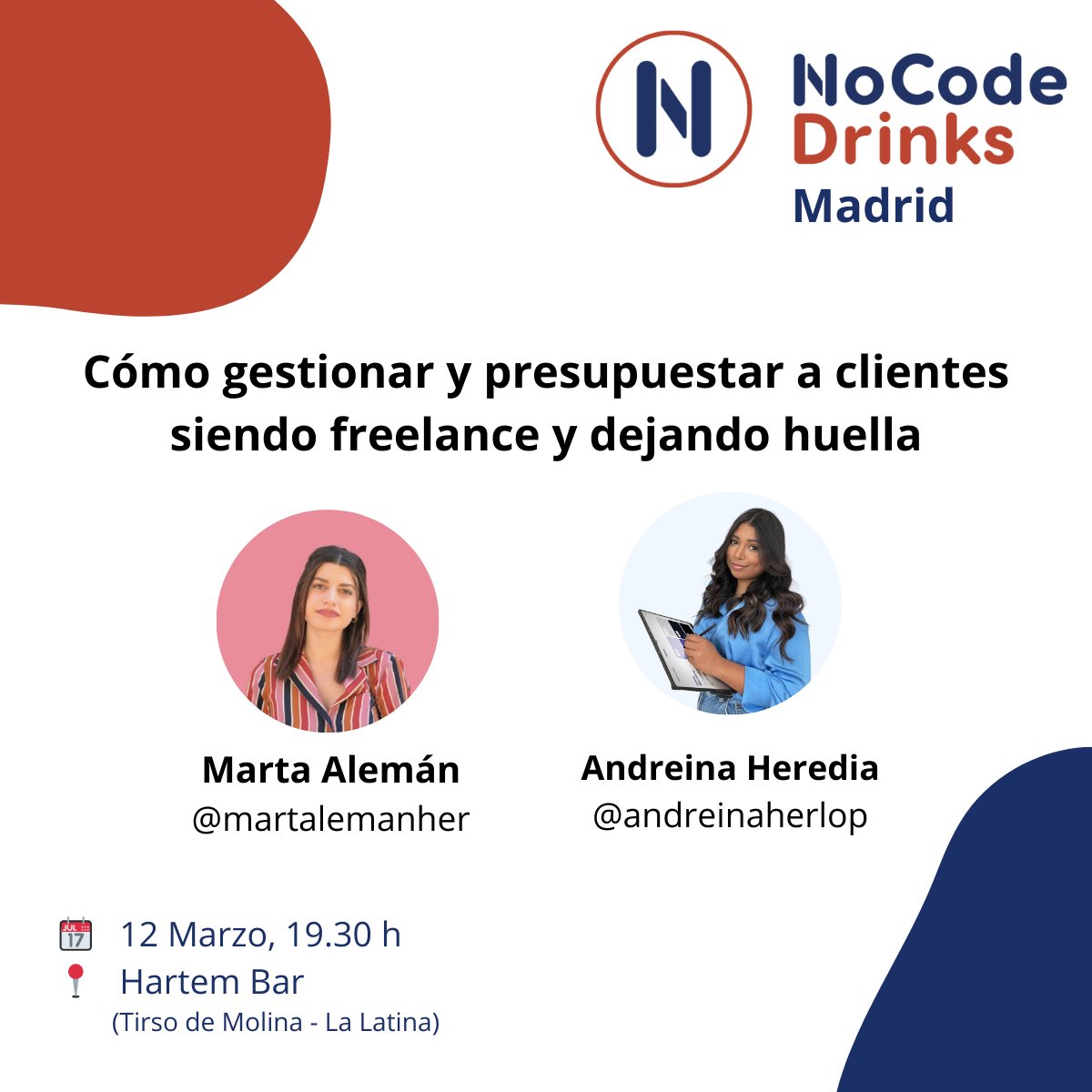 sonia_toqqe's tweet image. El próximo miércoles, tenemos nuevo evento de #NoCodeDrinks en #Madrid con dos invitadas super especiales: @martalemanher y Andreina Heredia

Con ellas hablaremos de cómo gestionar la relación con clientes siendo freelance y cómo seguir dejando huella en cada interacción

👉…