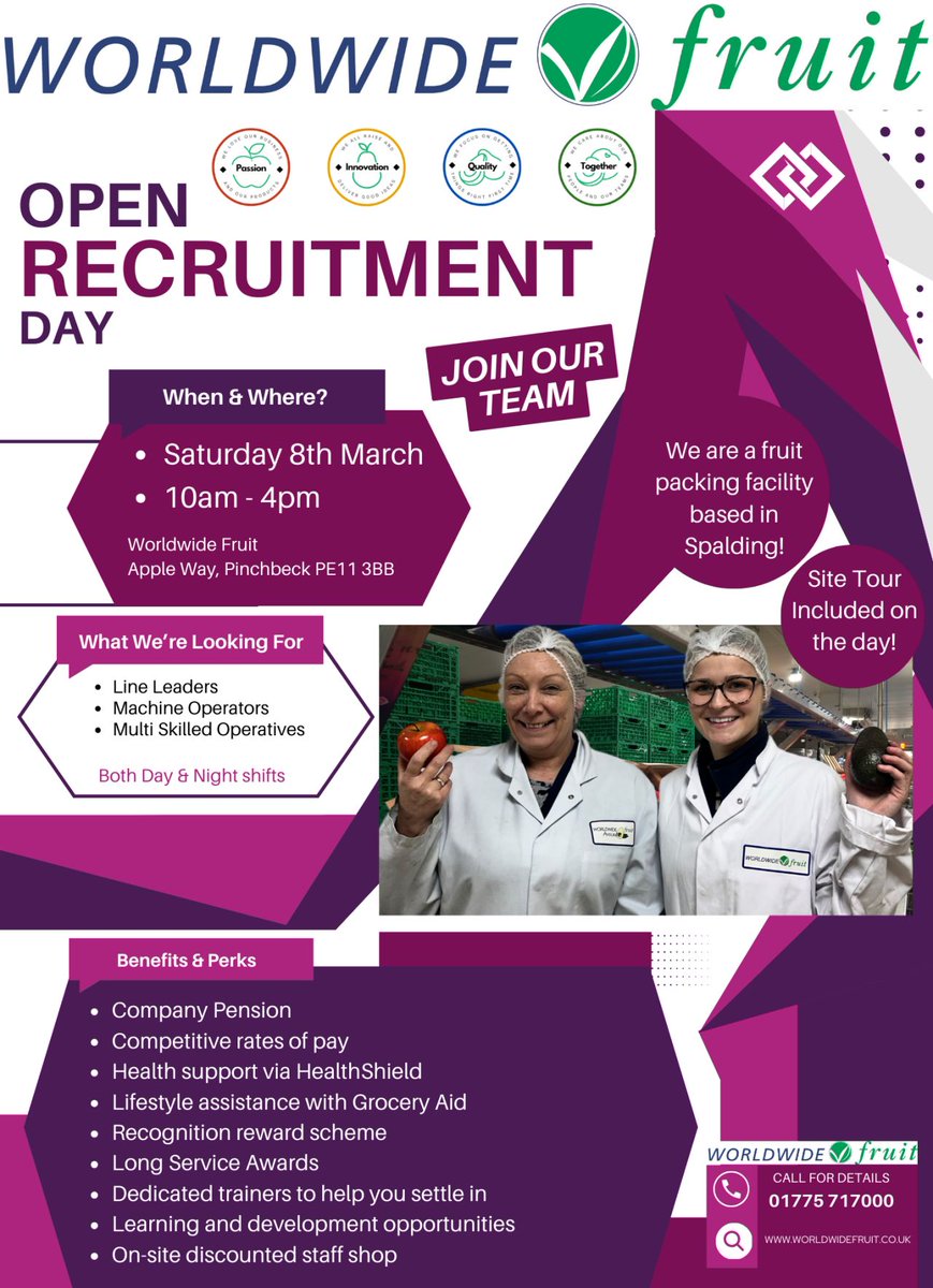 Remember to join us tomorrow, 8th March 2025 at our Worldwide Fruit recruitment day!

We are looking for enthusiastic and dedicated people to join our team, is this you?!