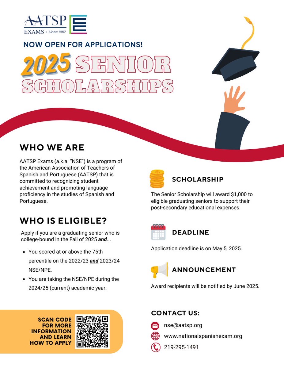 Whether you are a senior now or will be soon, a great benefit to keep in mind when taking the National Language Exams like the NSE is opportunities for scholarships like this! 

nationalspanishexam.org/awards/student…

Contact your Spanish teacher if you are eligible and interested!!