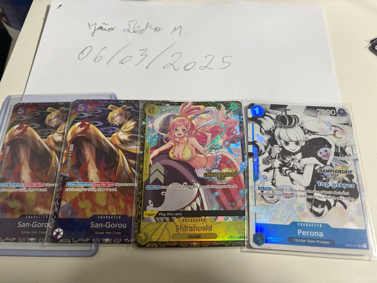 Looking to sell. All prices are OBO and able to pick up in person in Tokyo in march. I'll be at worlds

2nd place Yamato 22K
Uncut sheet (08/09 with 5 mangas) 8k 
Top 16 playmat 800
Finalist set (comes with all 6 promos) 1100/each
Uta 1500
Jack 700 
Perona 550
Sangoro 280