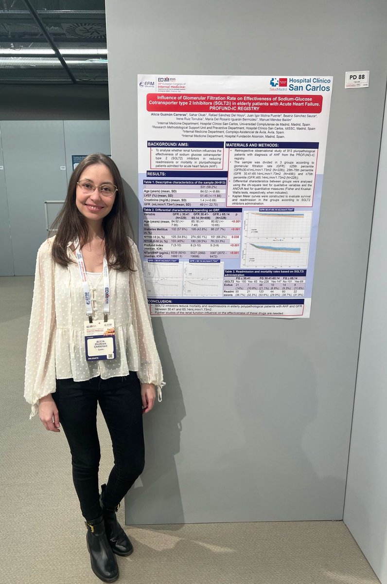 🔬📢 Nuestra residente de Medicina Interna Alicia Guzmán <a href="/AliciaGC_24/">Alicia</a> presenta su estudio en #ECIM2025 sobre #SGTL2i en #InsuficienciaCardíaca y función renal en ancianos. Resultados prometedores en reducción de mortalidad y reingresos en vida real . ¡Gran trabajo! 👏