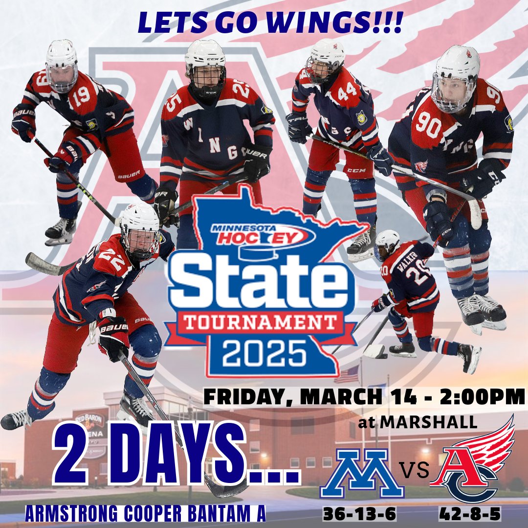 Two More Days!
Bantam A State Tournament at Marshall
Fri. March 14 - 2:00 pm
<a href="/ACBantamA/">Armstrong Cooper Bantam A</a>  (42-8-5) vs. Minnetonka (36-13-6)
minnesotahockey.org/page/show/8787…
STREAM: mnhockey.tv/youthmnhockeyy…