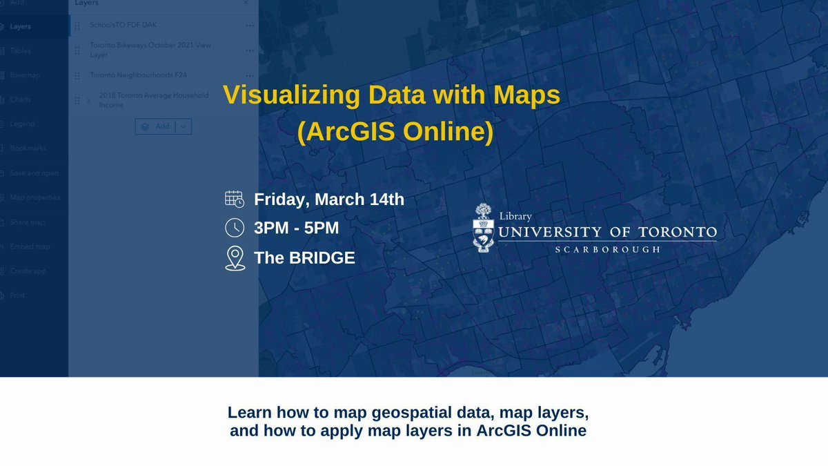 Bring your data to life with maps 🗺️ 

The Visualizing Data with Maps workshop will teach you how to work with geospatial data and map layers using ArcGIS Online 🌎

📅 March 14, 2025

🔗 Register now buff.ly/4h6OI8D 

#FunDataFriday #GIS