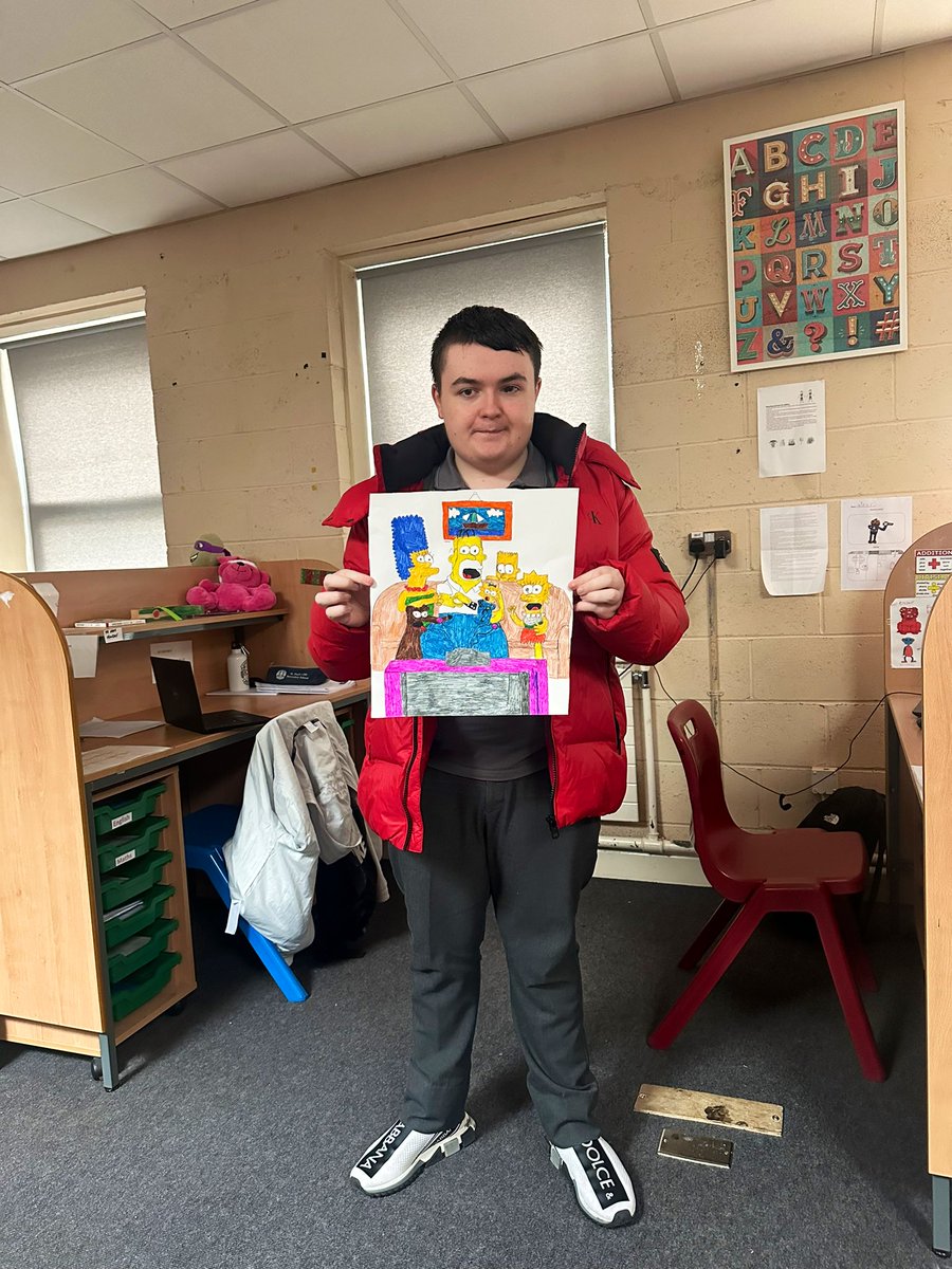 MsCurtin832's tweet photo. Well done to Mikey (our student of the month for February) on his sketch of the Simpson family he did in woodwork this week. Amazing work 👏🏻💛 @thebrunnerD7 https://t.co/KdIpH9qhwY
