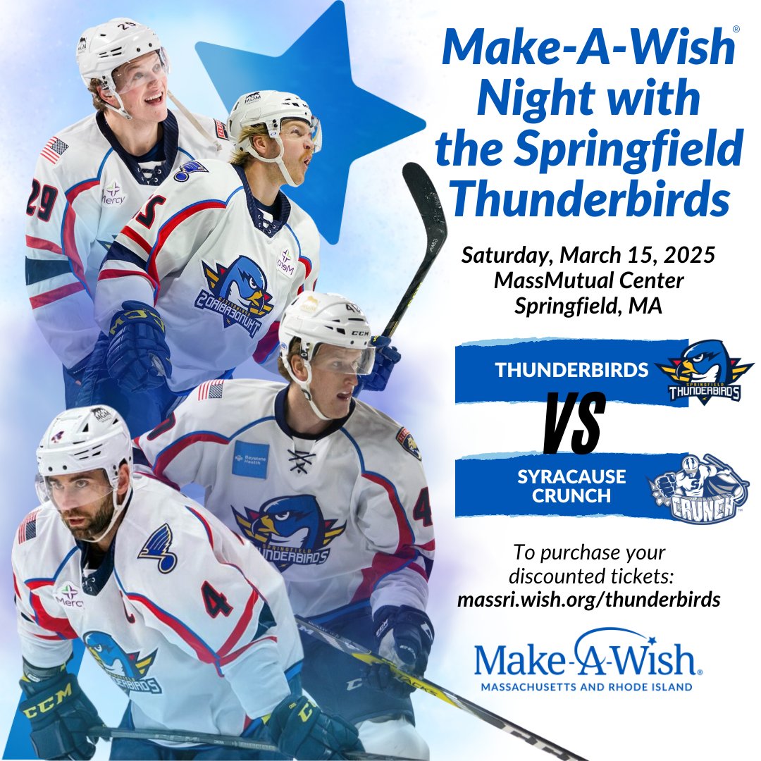 Make-A-Wish Mass RI (@makeawishmassri) on Twitter photo Celebrate Make-A-Wish Night with the <a href="/ThunderbirdsAHL/">Springfield Thunderbirds</a> on Saturday, March 15th as they take on the <a href="/SyracuseCrunch/">Syracuse Crunch</a> on this mission-filled night. If you purchase a ticket through this link, you can join us for a private tour of <a href="/MM_Center/">MassMutual Center</a> before the game.
springfieldthunderbirds.formstack.com/forms/make_a_w… Celebrate Make-A-Wish Night with the <a href="/ThunderbirdsAHL/">Springfield Thunderbirds</a> on Saturday, March 15th as they take on the <a href="/SyracuseCrunch/">Syracuse Crunch</a> on this mission-filled night. If you purchase a ticket through this link, you can join us for a private tour of <a href="/MM_Center/">MassMutual Center</a> before the game.
springfieldthunderbirds.formstack.com/forms/make_a_w…