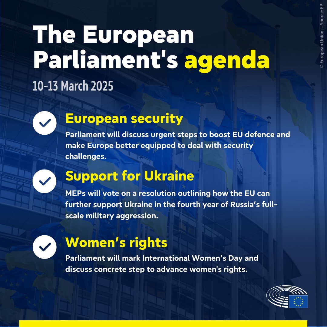 Coming up in this week's plenary.

European security. 🇪🇺
Support for Ukraine. 🇺🇦
Women's rights. ✊

Find out more 👉 europa.eu/!Y4QhDX