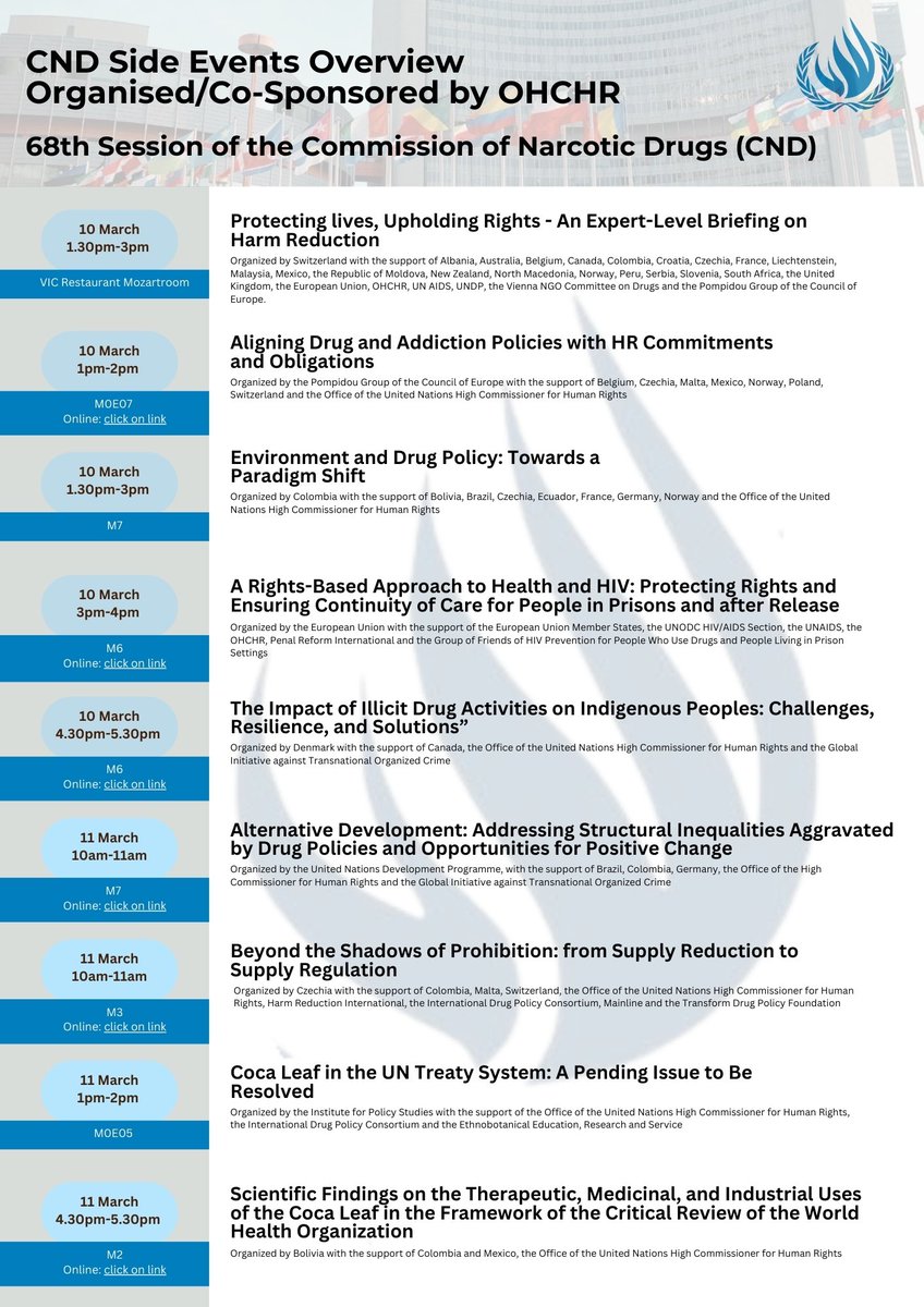 OHCHR report on #drugpolicy had multiple fantastic recommendations. Here are side events at #CND68 lifting them up. Join in person, or on line