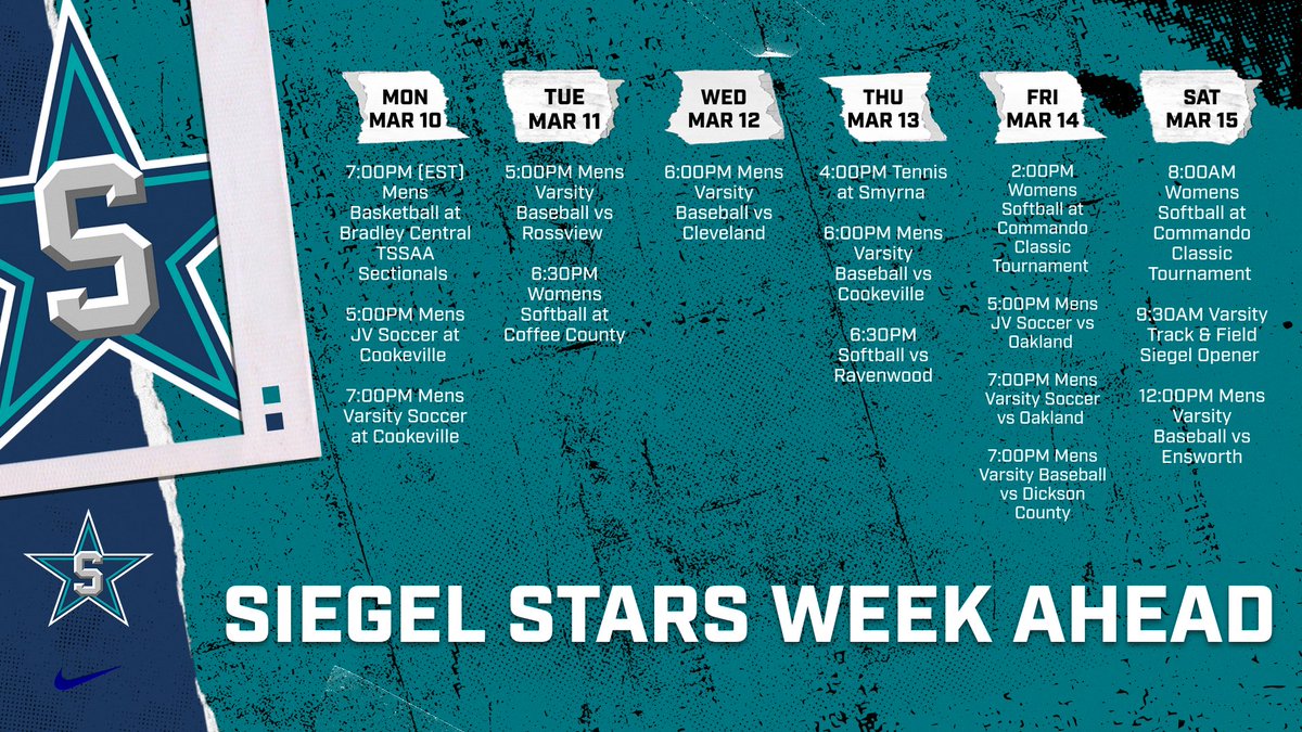 Siegel Athletics (@siegelathletics) on Twitter photo What's on the schedule for this week in Siegel Athletics.
The weather is going to be fantastic!
<a href="/Siegel_Nation/">The Nati❌n</a> <a href="/SiegelHighStars/">Siegel High School</a> Let's get out and cheer on the Stars.
#P2BASS What's on the schedule for this week in Siegel Athletics.
The weather is going to be fantastic!
<a href="/Siegel_Nation/">The Nati❌n</a> <a href="/SiegelHighStars/">Siegel High School</a> Let's get out and cheer on the Stars.
#P2BASS
