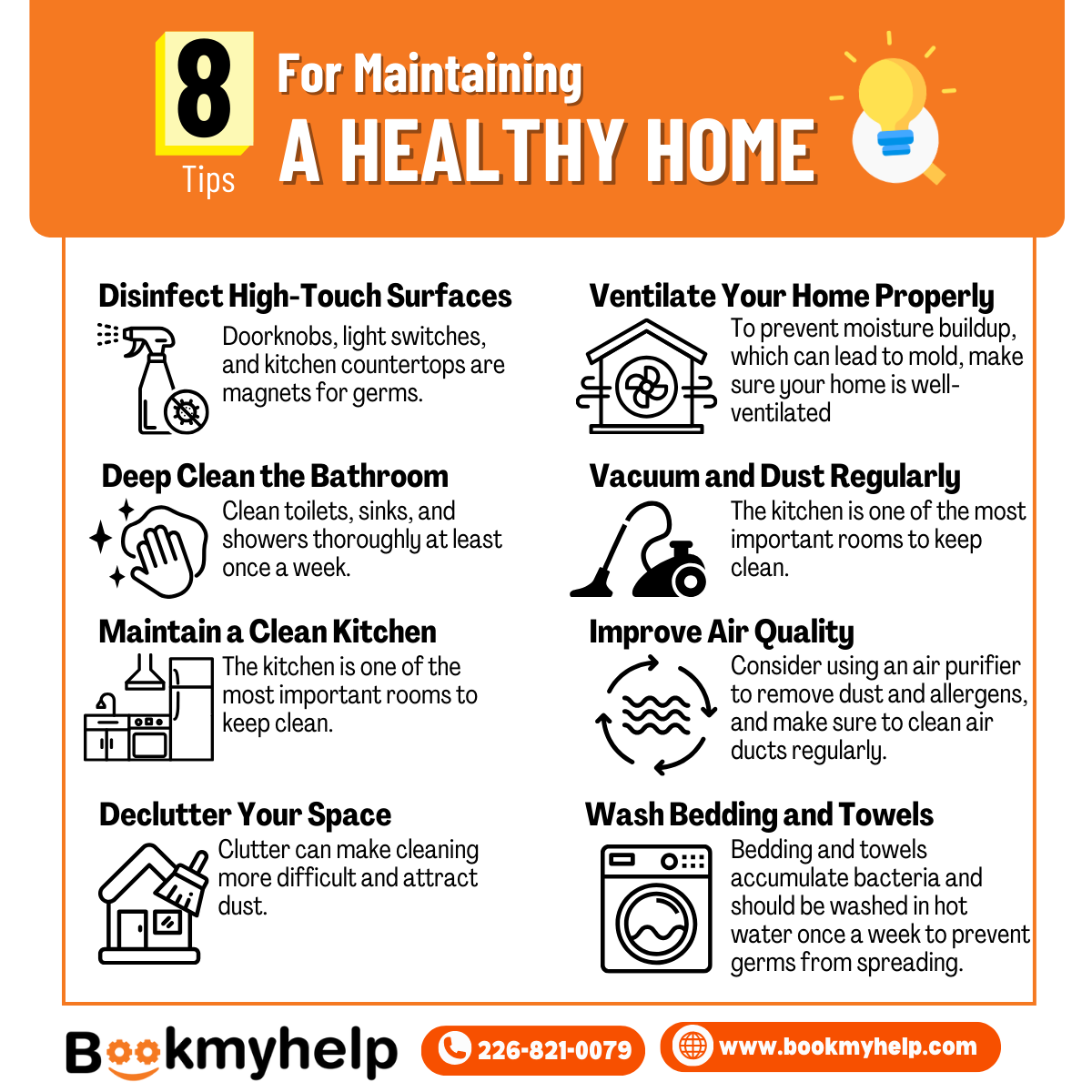 A clean home is key to your health! 🧼 
✅ Disinfect high-touch surfaces
✅ Ventilate properly
✅ Deep clean bathrooms
✅ Vacuum &amp; dust regularly
Let us help you!  226-821-0079 | bookmyhelp.com
#HealthyHome #CleanLiving #HomeCare