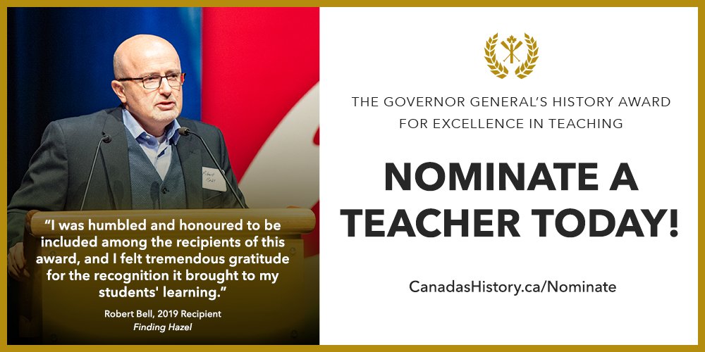 Help us honour the teachers who bring Canadian history to life for their students! Nominate an exceptional educator for the Governor General's History Award for Excellence in Teaching &amp; let their impact be known nationwide. ow.ly/joyN50V9OI2 #Teachers #sschat #historyclass