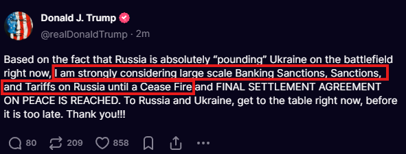 BREAKING: President Trump says he is "strongly considering large scale banking sanctions, sanctions, and tariffs on Russia until a cease fire is reached."