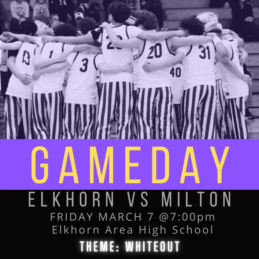 ❗️Regional Semi-Final tonight❗️

📍 Elkhorn Area High School
🆚 Milton
⏰ 7:00 PM
🎟️ gofan.co/event/3363529 or buy tickets at the door. Doors open at 6:00PM.

Play hard, play smart, play together!

GO ELKS! 🟣🟡