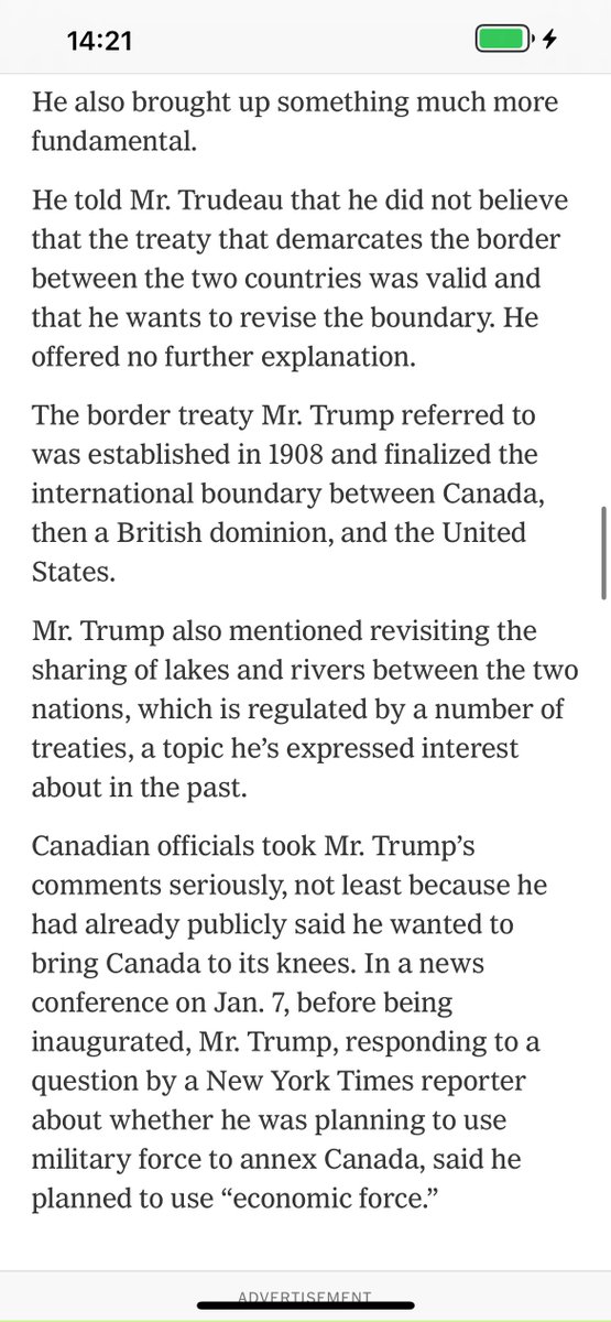 Jaw-dropping revelations in The New York Times on the most recent Trudeau-Trump calls. Report says that Trump, alongside rehearsing familiar list of grievances against Canada, told Trudeau he wanted to revise the US/Canadian border. He offered no justification.