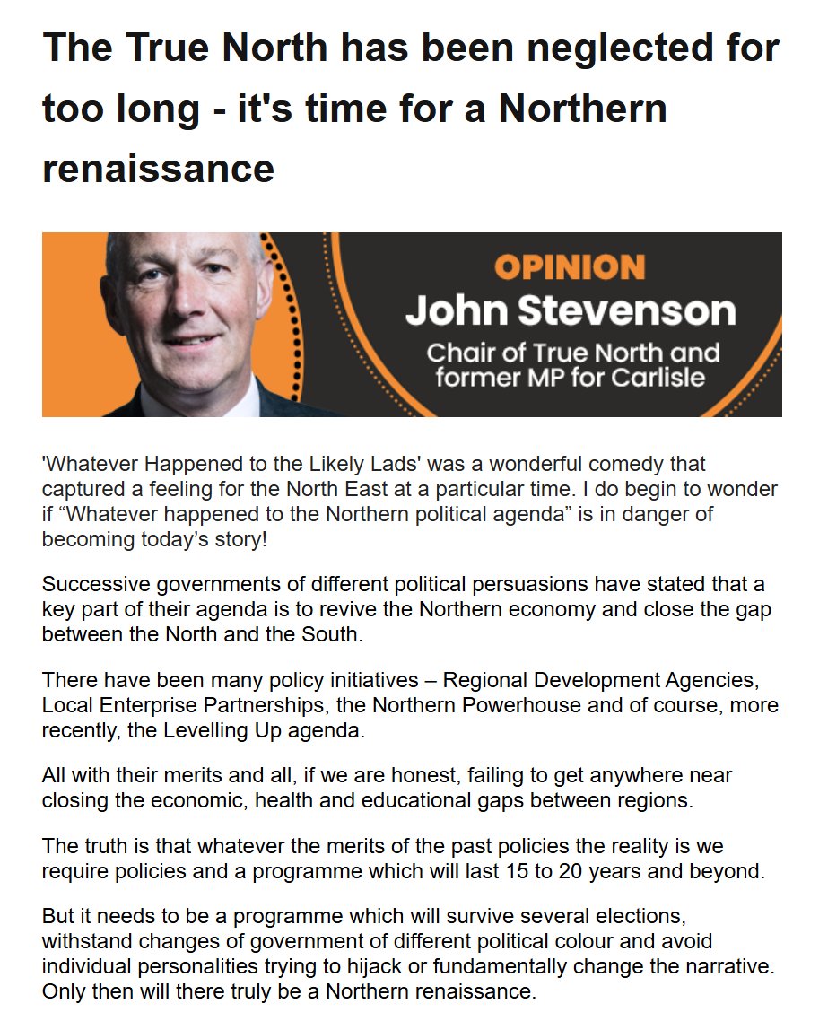 Rob Parsons (@robparsonsnorth) on Twitter photo There's a new think-tank launched today in Newcastle and it's called 'True North' - developing policies for the 3 million people who live in Cumbria and the North East.
Here's its chair <a href="/John4Carlisle/">John Stevenson</a> writing in today's Northern Agenda newsletter
1/2 There's a new think-tank launched today in Newcastle and it's called 'True North' - developing policies for the 3 million people who live in Cumbria and the North East.
Here's its chair <a href="/John4Carlisle/">John Stevenson</a> writing in today's Northern Agenda newsletter
1/2