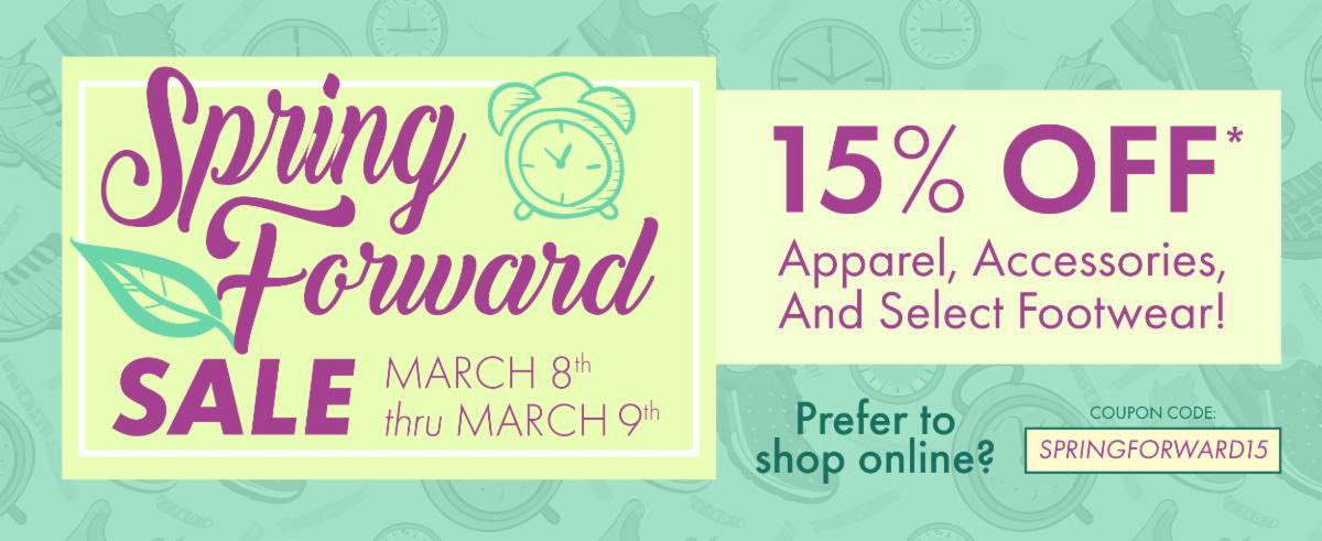 Daylight savings time happens this weekend, which means our Spring Forward Sale is happening March 8-9!

Save 15% off apparel, accessories and footwear! Some exclusions apply.

Prefer to shop online? Use code SPRINGFORWARD15 at checkout!

dickpondathletics.com
