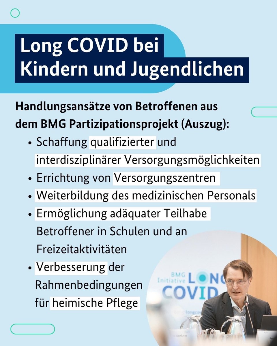 Auf der Abschlussveranstaltung des BMG-Partizipationsprozesses zu Long COVID bei Kindern &amp; Jugendlichen lobte <a href="/Karl_Lauterbach/">Prof. Karl Lauterbach</a> die Anstrengungen für die Forschung in diesem Bereich – 52 Mio. € wurden bislang bereitgestellt. „Das Thema hat für mich hohe Priorität“, so Lauterbach.