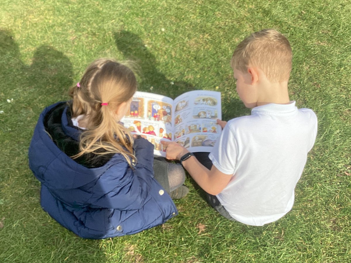whcps's tweet photo. Year 1 are having a great time completing buddy reading with Year 4 in the sunshine. Great to hear them reading to each other and discussing the stories so well. #whcyear1 #whcyear4 @WorldBookDayUK https://t.co/bPSJMpI83N