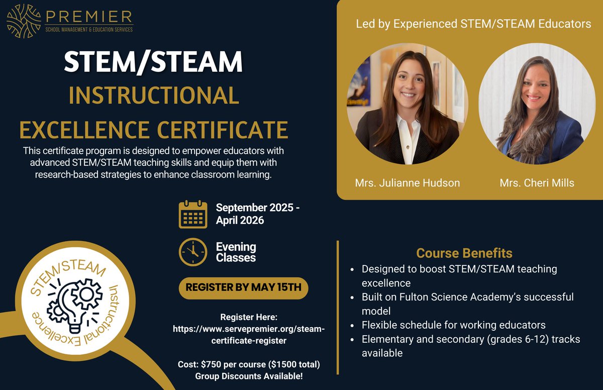 📌 Deadline to register: May 15, 2025
🔗 Learn More: Visit servepremier.org/services/profe… 
🔗 Secure Your Spot Today: Register at servepremier.org/steam-certific…
📩 Questions? Email: jhudson@servepremier.org
Tag an educator who would benefit from this opportunity! 👇