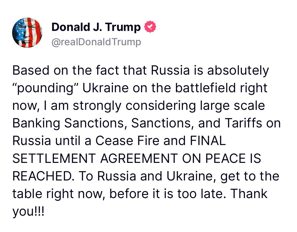 PolymarketIntel's tweet image. BREAKING 🔶🔶

Trump: “Strongly considering large-scale banking sanctions, sanctions, and tariffs on Russia until a ceasefire.”
