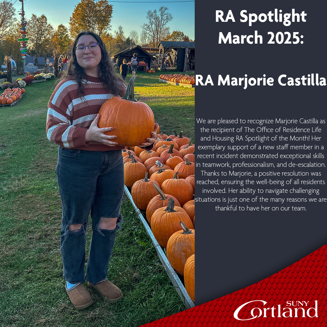 CortlandResLife's tweet photo. We are pleased to recognize Marjorie Castilla as the recipient of The Office of Residence Life and Housing RA Spotlight of the Month! https://t.co/a4qSVvIokA