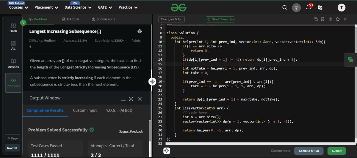 tapasyacancode's tweet photo. GfG 160 - 160 Days of Problem Solving

07/03/2025 Day 110 - Longest Increasing Subsequence
#gfg160 #geekstreak2025 https://t.co/HoKu1C6lcg