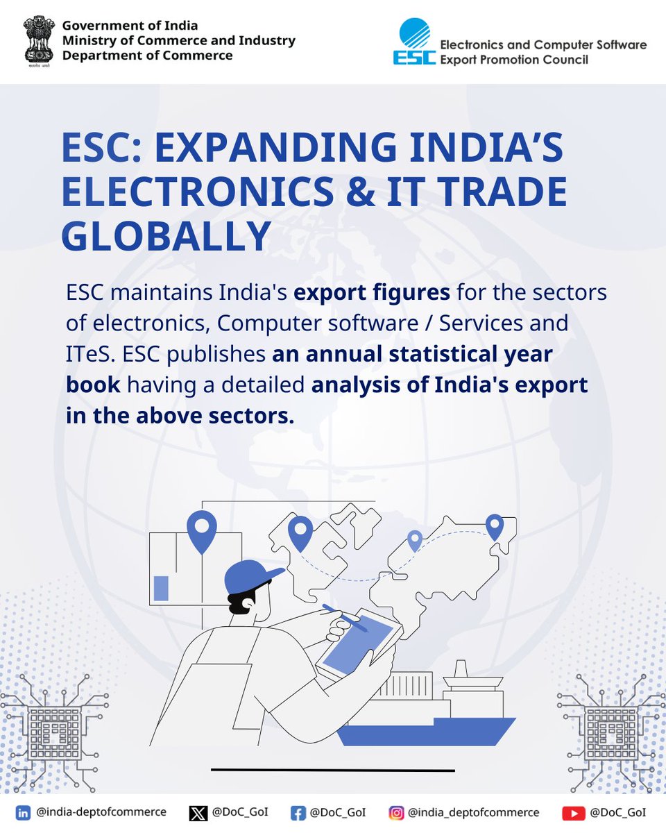 ESC tracks and analyzes India's electronics &amp; IT exports, providing key insights through its annual statistical yearbook. 📊 #ESC #TradeAnalysis #DoC_GoI