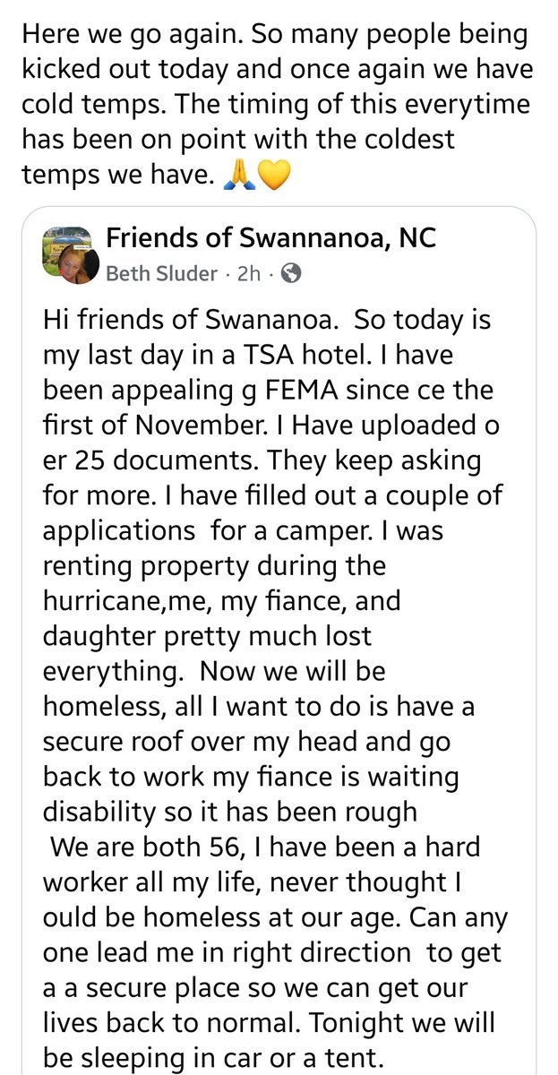JayneCoxRN's tweet photo. @elonmusk Is there anything you or PDJT can do to really help these folks? FEMA is NOT helping them! People are literally freezing! Nicole Neese, Tami Krell, and Josh Paul are three leaders in the affected areas of Western North Carolina &amp; Eastern Tennessee still trying to help. https://t.co/MumZcZVW9G