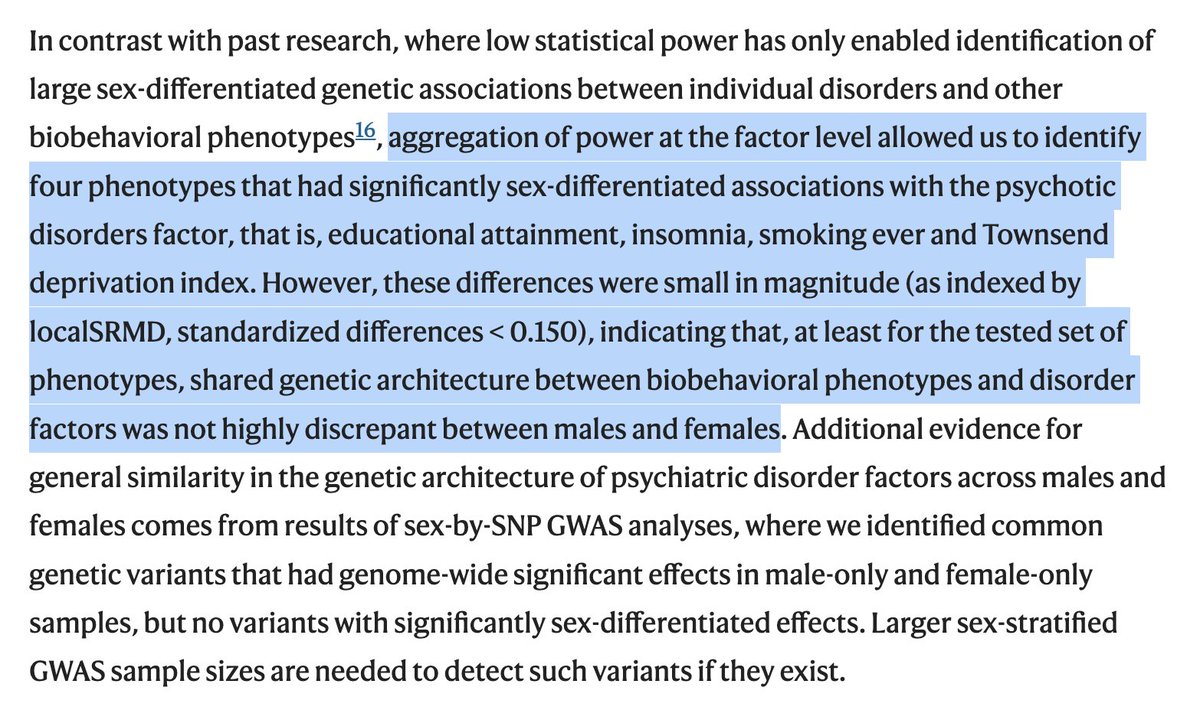 Interesting analysis of cross-sex "genomic structural invariance" (similarity of latent factor parameters) for various psychiatric traits. Some significant but generally small in magnitude differences and no individual sex-differentiated variants. [Schwaba et al. 2025 NG]