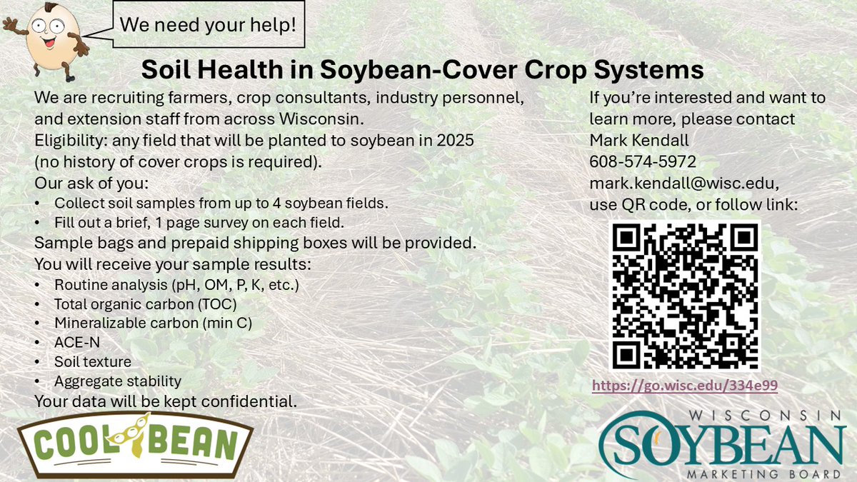 Mark Kendall (@badgercropguy) on Twitter photo Spring-like weather next week? Might be the perfect time to pull soil samples for our <a href="/WISoyCheckoff/">Wisconsin Soybean Marketing Board</a> funded project on soil health in soybean-cover crop systems. Contact me if you're interested or follow the QR code or link. <a href="/badgerbean/">Shawn Conley</a> <a href="/UWMadisonExt/">UW–Madison Division of Extension</a>
Link: go.wisc.edu/334e99 Spring-like weather next week? Might be the perfect time to pull soil samples for our <a href="/WISoyCheckoff/">Wisconsin Soybean Marketing Board</a> funded project on soil health in soybean-cover crop systems. Contact me if you're interested or follow the QR code or link. <a href="/badgerbean/">Shawn Conley</a> <a href="/UWMadisonExt/">UW–Madison Division of Extension</a>
Link: go.wisc.edu/334e99