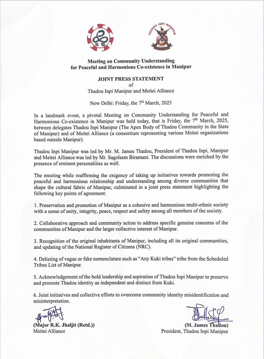 TheBlueHills49's tweet photo. ‼️. “There is no place for ethonocentric politics or ethonocentric demands in pluralistic Manipur” ‼️

News X hails the meeting between Meitei Alliance and Thadou Inpi org as historic , as the two organisation meets in Delhi and declare to work for “Peace via Mutual Coexistence” and fight ‘Kuki Supremacy politicsand delist  ‘ any kuki tribes’ from #Manipur 

The meeting went ahead despite threat to life  by #KukiMilitants to those who are attending and ensure the voices of the suppressed are heard and Manipur’s pluralistic society is safeguarded 

@AmitShah @ministryofhome1 @kartikeya_1975 @sangbarooahpish @VladAdiReturns @SwarajyaMag
